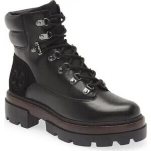 Tory Burch Miller Lug Sole Hiker Lace Up Black Leather Combat Boots Size 6.5M